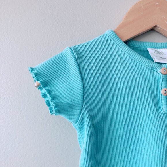 Zara t-shirt 6-9m ribbed baby tee lettuce hem light teal baby girl - Picture 3 of 7